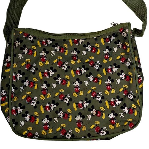 Disney Mickey Mouse All Over Print Olive Green Zippered Shoulder Bag Ripstop - Picture 1 of 7